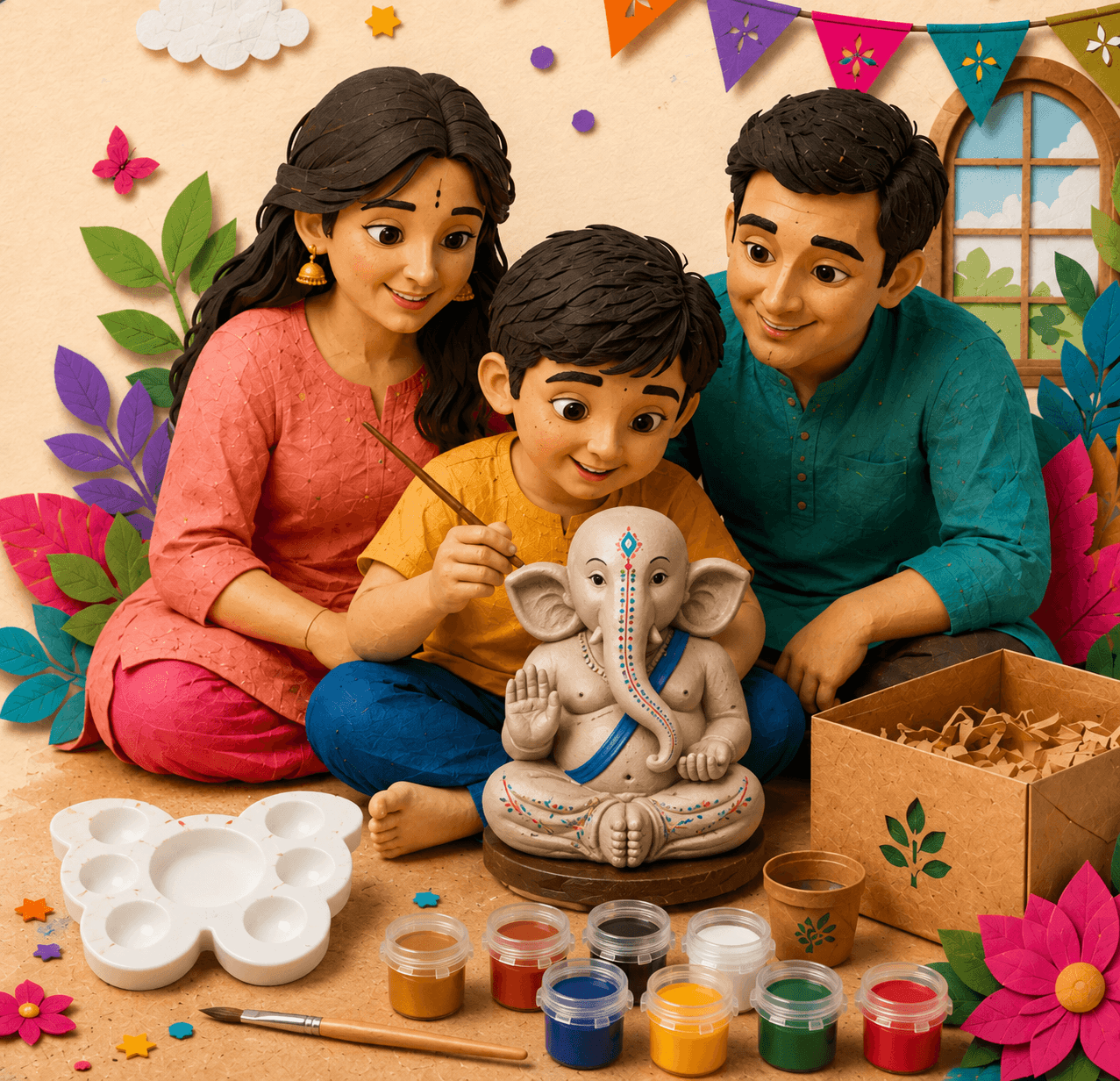 A family painting their Bappa together